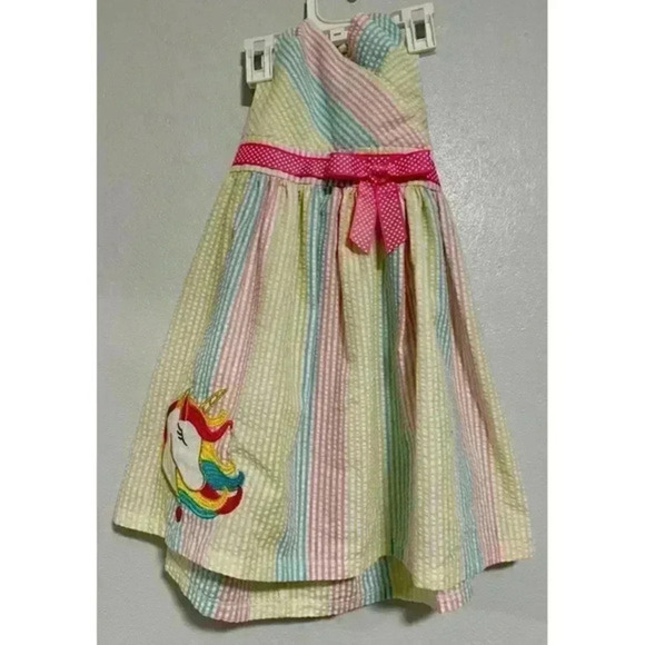 RARE EDITIONS Little Girl's size 4T Halter Stripe Unicorn Seersucker Dress - Picture 3 of 7